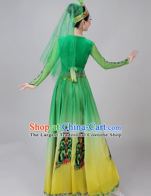 Chinese Ethnic Folk Dance Clothing Traditional Uygur Nationality Garments Xinjiang Dance Green Dress and Headwear