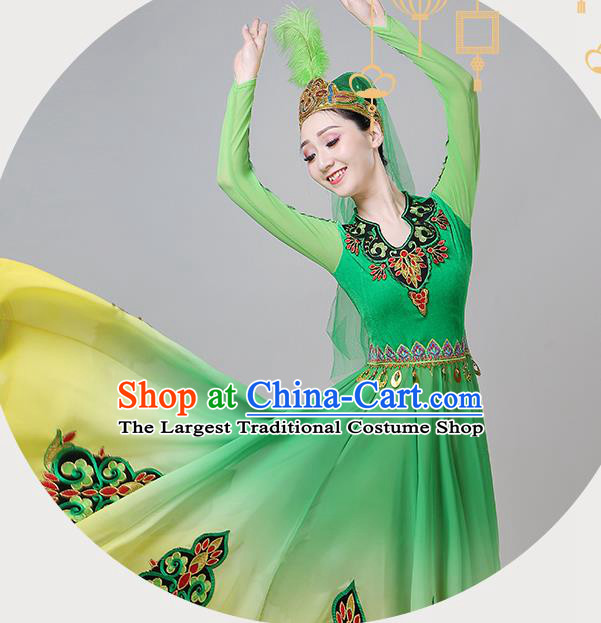 Chinese Ethnic Folk Dance Clothing Traditional Uygur Nationality Garments Xinjiang Dance Green Dress and Headwear