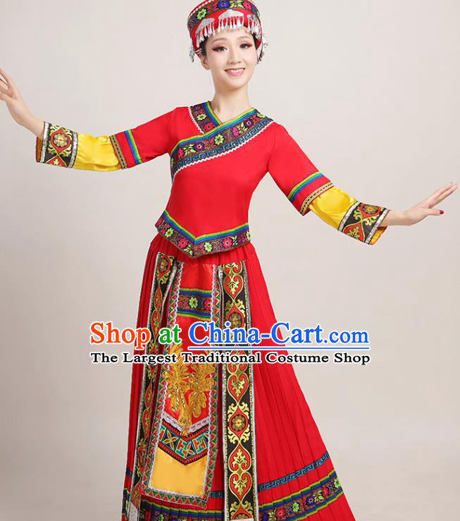 Chinese Yi Minority Female Red Dress Ethnic Folk Dance Clothing Traditional Miao Nationality Garments