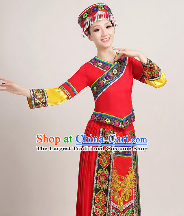 Chinese Yi Minority Female Red Dress Ethnic Folk Dance Clothing Traditional Miao Nationality Garments