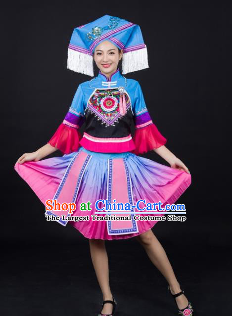 Chinese Ethnic Dance Performance Clothing Traditional Zhuang Nationality Female Garments Guangxi Minority Short Dress and Headwear