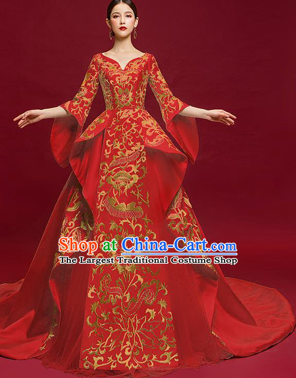 China Catwalks Full Dress Embroidered Garment Compere Trailing Dress Stage Show Wedding Clothing
