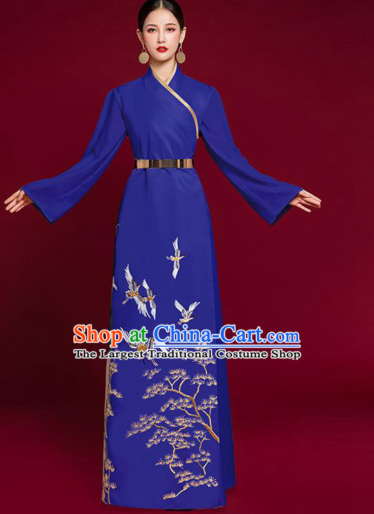 China Stage Show Embroidered Pine Crane Clothing Catwalks Royalblue Dress Garment Compere Trailing Full Dress
