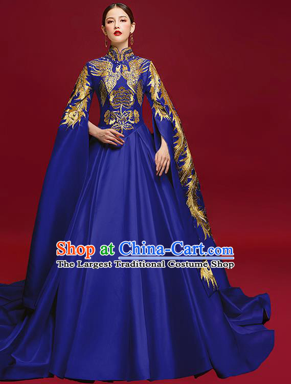 China Compere Embroidered Phoenix Royalblue Dress Garment Stage Show Trailing Full Dress Catwalks Water Sleeve Clothing