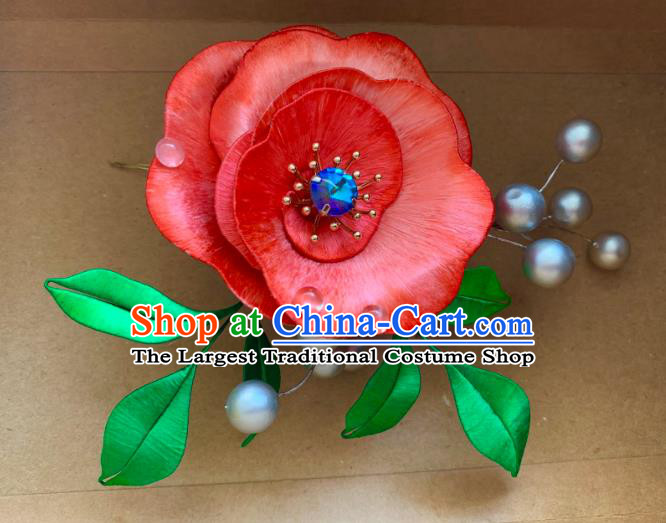 China Ancient Court Lady Hairpin Traditional Hanfu Hair Accessories Tang Dynasty Princess Red Camellia Hair Stick