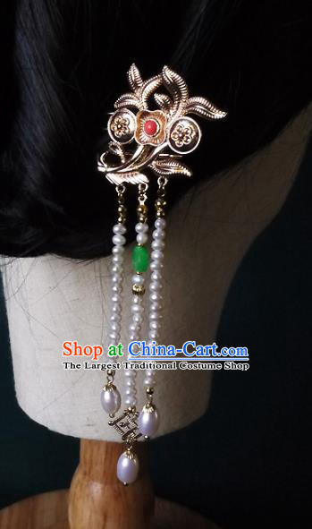 Chinese Ancient Palace Lady Pearls Tassel Hairpin Hair Accessories Traditional Song Dynasty Golden Orchids Hair Stick