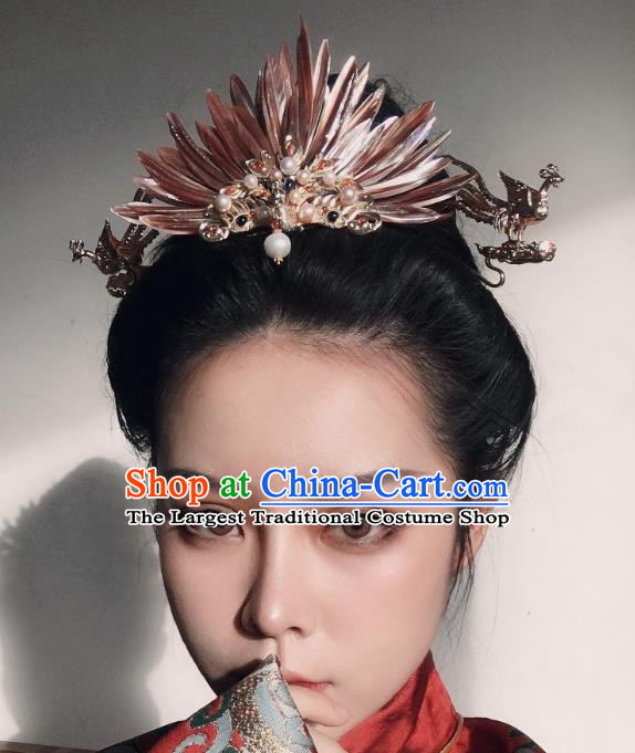 China Handmade Shell Phoenix Hairpin Traditional Ming Dynasty Hair Accessories Ancient Princess Wedding Hair Crown
