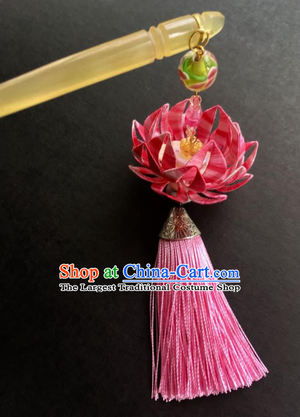 China Handmade Pink Silk Lotus Hairpin Traditional Hanfu Headpiece Ancient Tang Dynasty Court Beauty Tassel Hair Stick