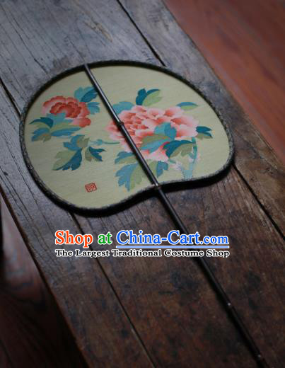 Chinese Traditional Palace Fan Ancient Princess Hanfu Fans Handmade Kesi Peony Painting Pattern Light Yellow Silk Fan