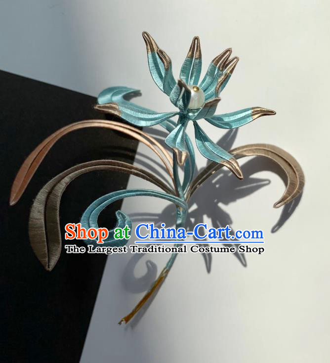 China Handmade Blue Silk Orchids Hairpin Traditional Hanfu Hair Accessories Ancient Song Dynasty Patrician Lady Hair Clip