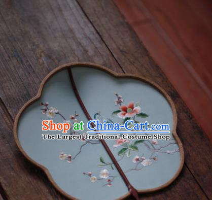 China Handmade Embroidered Plum Blossom Fan Classical Light Blue Silk Palace Fan Traditional Hanfu Fan