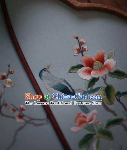China Handmade Embroidered Plum Blossom Fan Classical Light Blue Silk Palace Fan Traditional Hanfu Fan