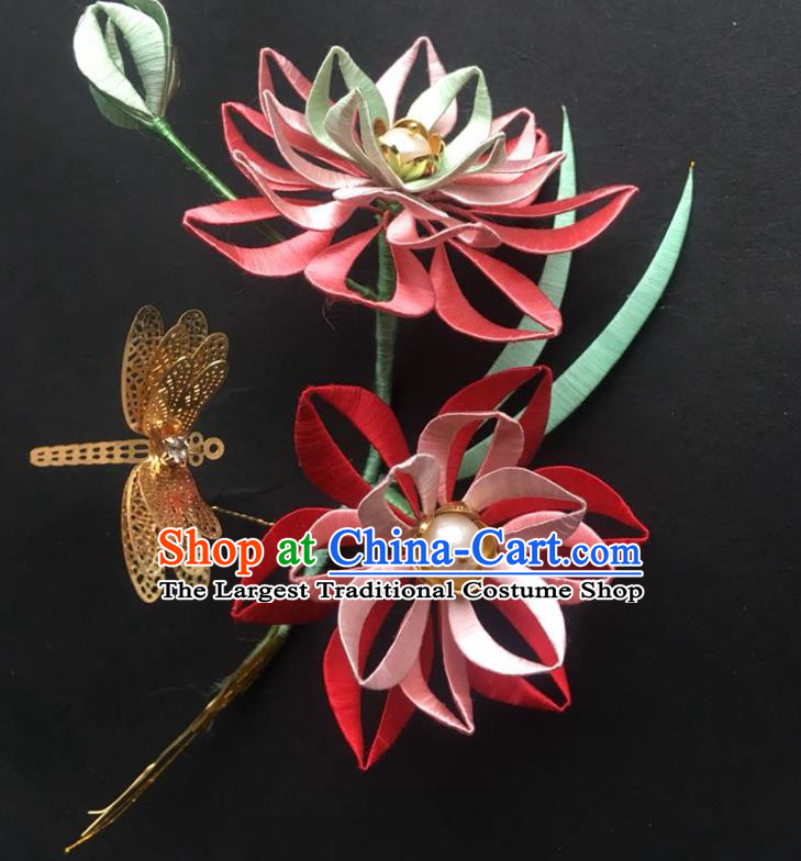 China Handmade Silk Lotus Hairpin Traditional Hanfu Headwear Ancient Song Dynasty Princess Hair Comb