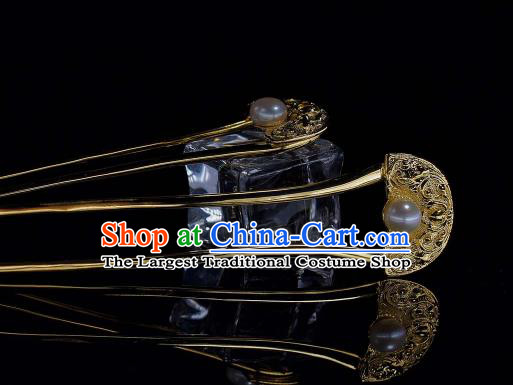 China Handmade Tang Dynasty Pearl Hairpin Traditional Hanfu Hair Accessories Ancient Princess Golden Hair Stick