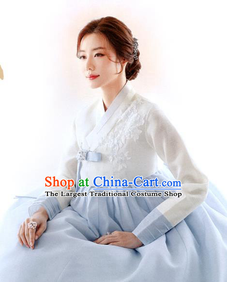 Asian Korea Mother White Blouse and Blue Dress Korean Traditional Garments Fashion Hanbok Clothing