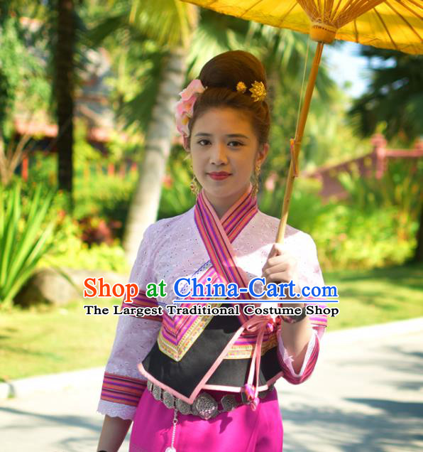 China Yunnan Ethnic Dance Pink Blouse and Rosy Skirt Uniforms Dai Nationality Young Female Clothing