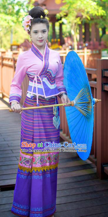 China Yunnan Ethnic Dance Pink Blouse and Purple Skirt Uniforms Dai Nationality Stage Show Clothing