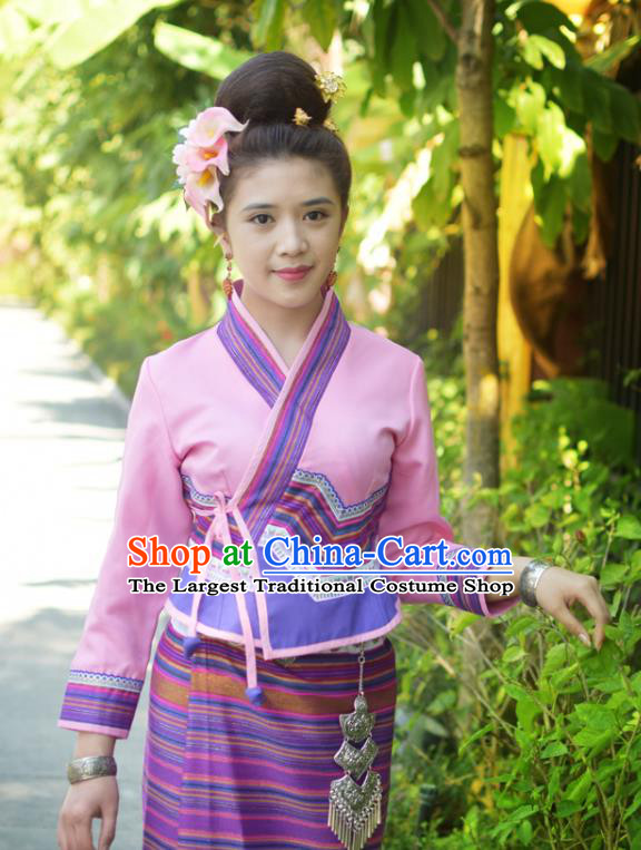 China Yunnan Ethnic Dance Pink Blouse and Purple Skirt Uniforms Dai Nationality Stage Show Clothing