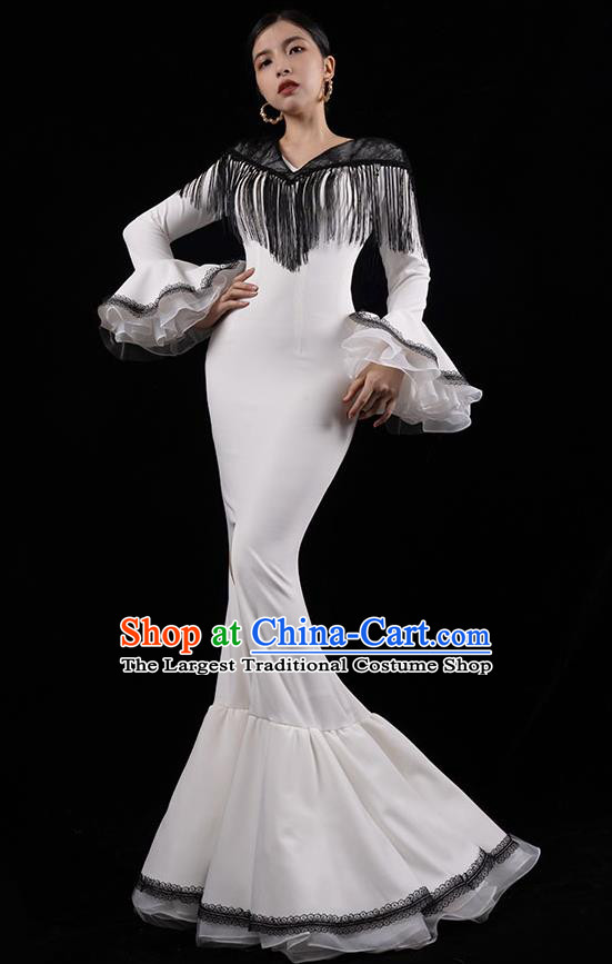 Top Grade Annual Meeting Compere Full Dress Stage Performance Costume Catwalks White Fishtail Dress
