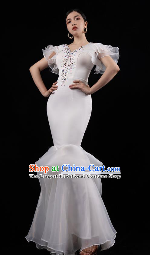 Top Grade Annual Meeting Compere Full Dress Stage Show Clothing Catwalks White Fishtail Dress