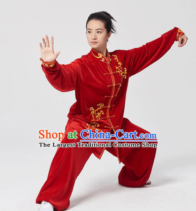 China Tai Chi Kung Fu Performance Costumes Traditional Martial Arts Embroidered Red Velvet Uniforms