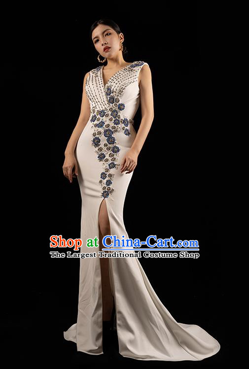 Top Grade Stage Show Embroidery Beads White Dress Catwalks Trailing Dress Annual Meeting Clothing