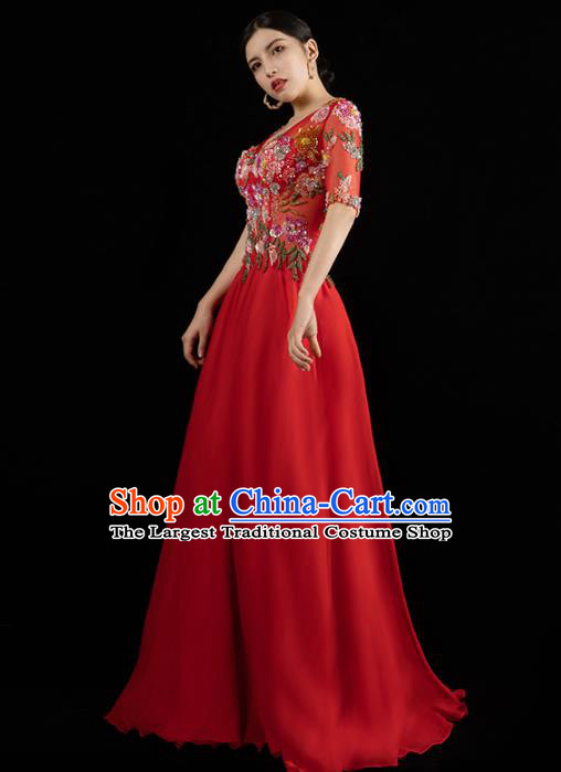 Top Grade Compere Full Dress Catwalk Performance Clothing Annual Meeting Embroidered Red Dress