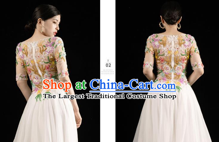 Top Grade Annual Meeting Performance Clothing Compere Full Dress Catwalk Embroidered White Veil Dress