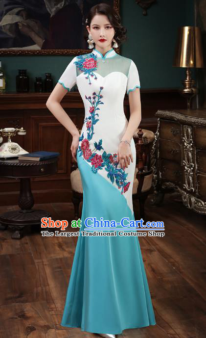 Chinese Embroidery Blue Fishtail Cheongsam Catwalks Modern Dance Costume Stage Show Qipao Dress