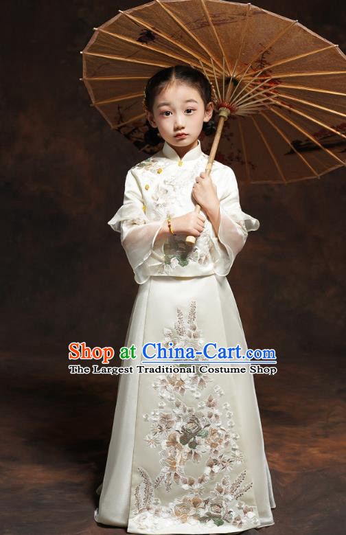 Chinese Classical Dance Clothing Embroidered White Qipao Dress Girl Bridesmaid Blouse and Dress