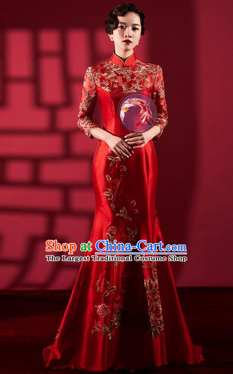 Chinese Bride Embroidered Red Qipao Dress Clothing Traditional Wedding Fishtail Cheongsam