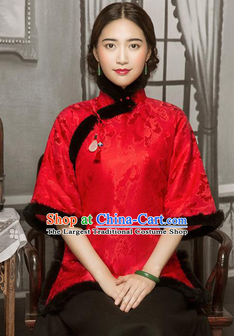 Chinese Tang Suit Winter Red Silk Outer Garment Clothing National Cotton Wadded Jacket