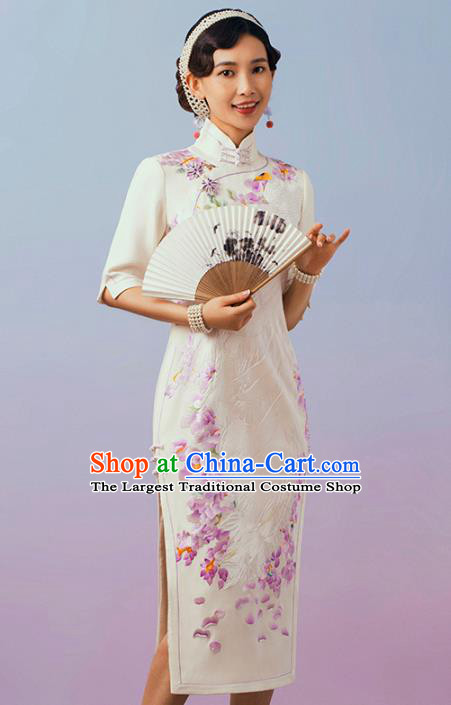 China Classical White Silk Cheongsam Traditional Minguo Shanghai Suzhou Embroidered Qipao Dress