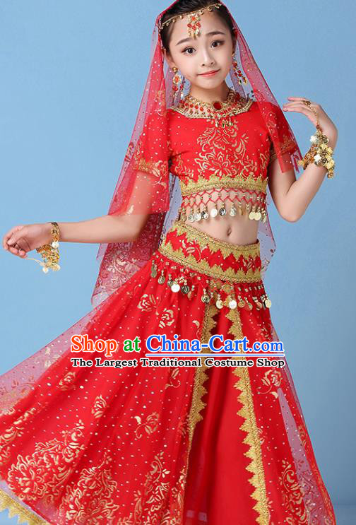 Indian Bollywood Performance Top and Skirt Children Dance Clothing Girls Belly Dance Red Uniforms