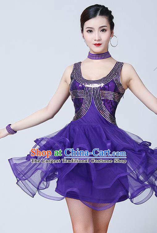 Top Latin Dance Purple Bubble Dress Stage Performance Dancewear Modern Dance Sexy Fashion Clothing