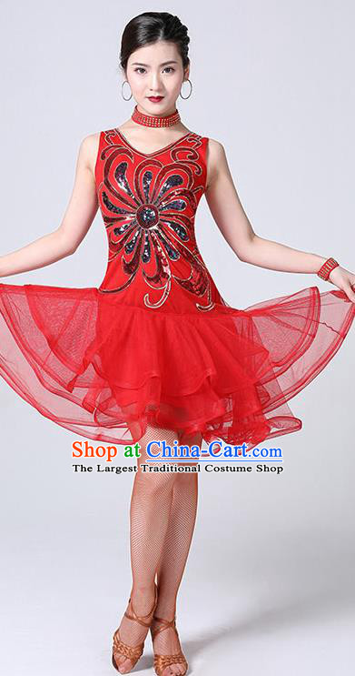 Top Latin Dance Competition Red Bubble Dress Stage Performance Dancewear Modern Cha Cha Dance Clothing