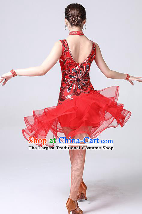 Top Latin Dance Competition Red Bubble Dress Stage Performance Dancewear Modern Cha Cha Dance Clothing