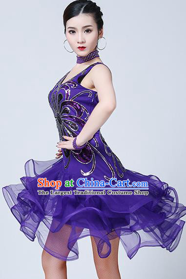 Top Latin Dance Purple Bubble Dress Stage Performance Competition Dancewear Modern Rumba Dance Clothing