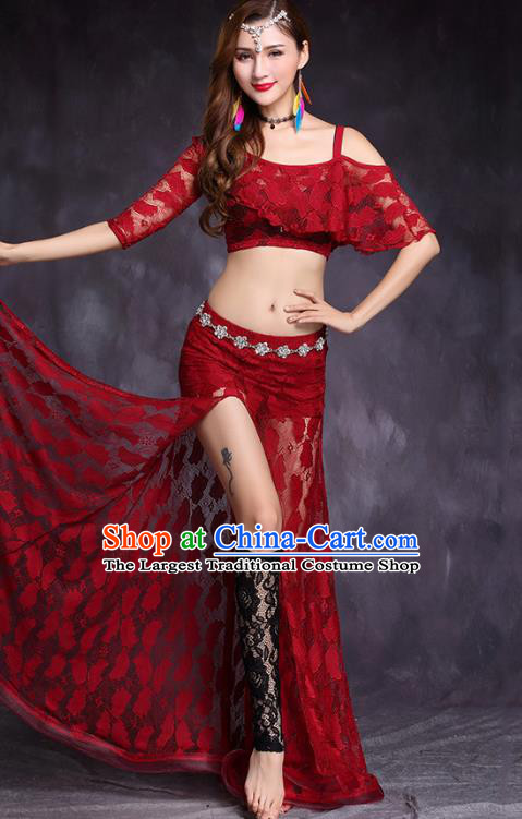 Asian Oriental Dance Uniforms Professional Belly Dance Stage Performance Costume Indian Raks Sharki Red Lace Top and Skirt