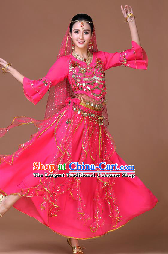 Indian Belly Dance Training Rosy Uniforms Bollywood Dance Sequins Blouse and Skirt Sexy Dance Clothing