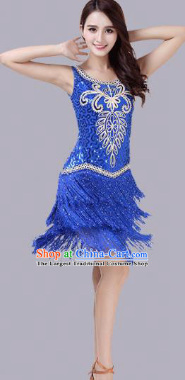 Top Latin Dance Royalblue Tassel Dress Stage Performance Dancewear Modern Dance Competition Clothing
