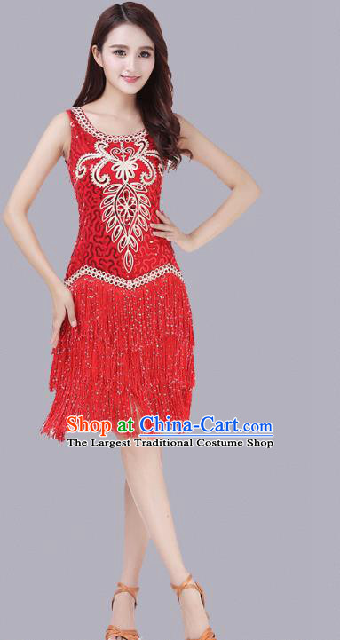 Top Modern Dance Competition Clothing Latin Dance Red Tassel Dress Stage Performance Dancewear