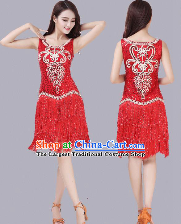Top Modern Dance Competition Clothing Latin Dance Red Tassel Dress Stage Performance Dancewear