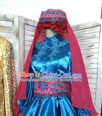 Chinese Hui Ethnic Bride Clothing Traditional Wedding Garment Costumes Classical Embroidered Royalblue Dress and Hat
