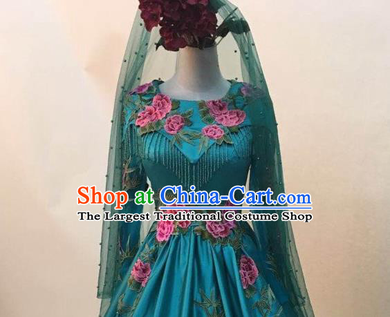 Chinese Classical Embroidered Green Full Dress Traditional Wedding Garment Costumes Hui Ethnic Bride Clothing