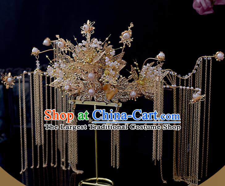 Chinese Xiuhe Suit Golden Tassel Hair Crown Classical Bride Phoenix Coronet Headdress Traditional Wedding Hair Accessories