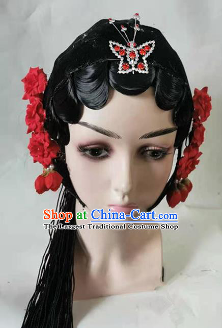 Chinese Beijing Opera Hua Tan Headwear Classical Dance Headdress Traditional Stage Performance Wigs Hair Accessories
