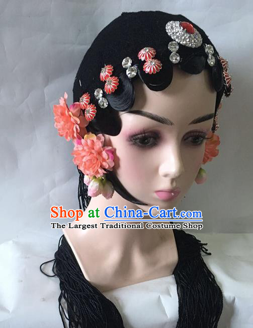 Chinese Stage Performance Headdress Classical Dance Hair Accessories Traditional Beijing Opera Actress Wigs and Red Hairpins