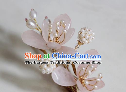 China Ming Dynasty Rose Quartz Mangnolia Hair Claws Traditional Hanfu Hair Accessories Ancient Princess Pearls Hairpin