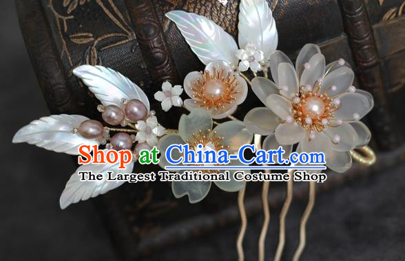 China Song Dynasty Palace Lady Shell Leaf Hair Comb Traditional Hanfu Hair Accessories Ancient Princess Pearls Hairpin